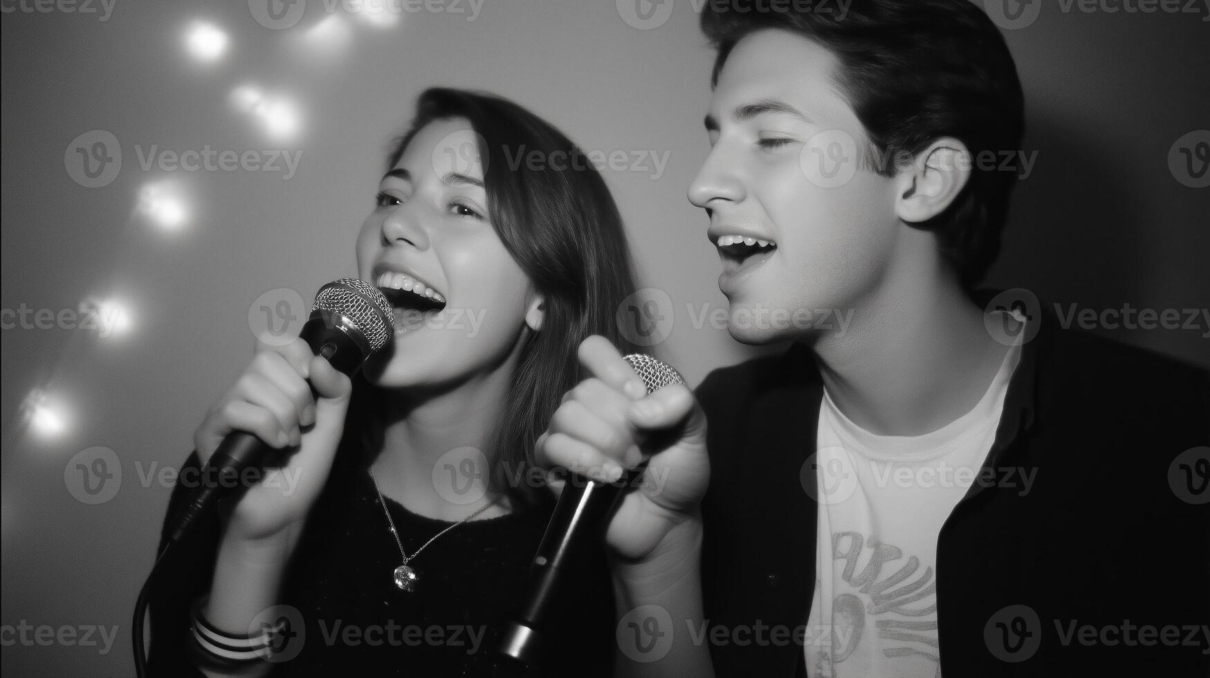 Young adults enjoy karaoke singing together in a cozy indoor setting with festive lights at night photo
