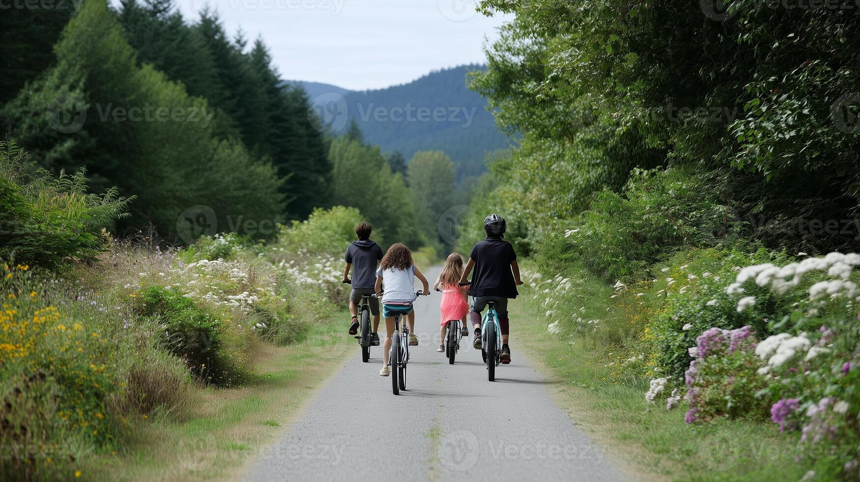 Kids riding bicycles through a scenic trail surrounded by trees and flowers on a sunny day in nature photo