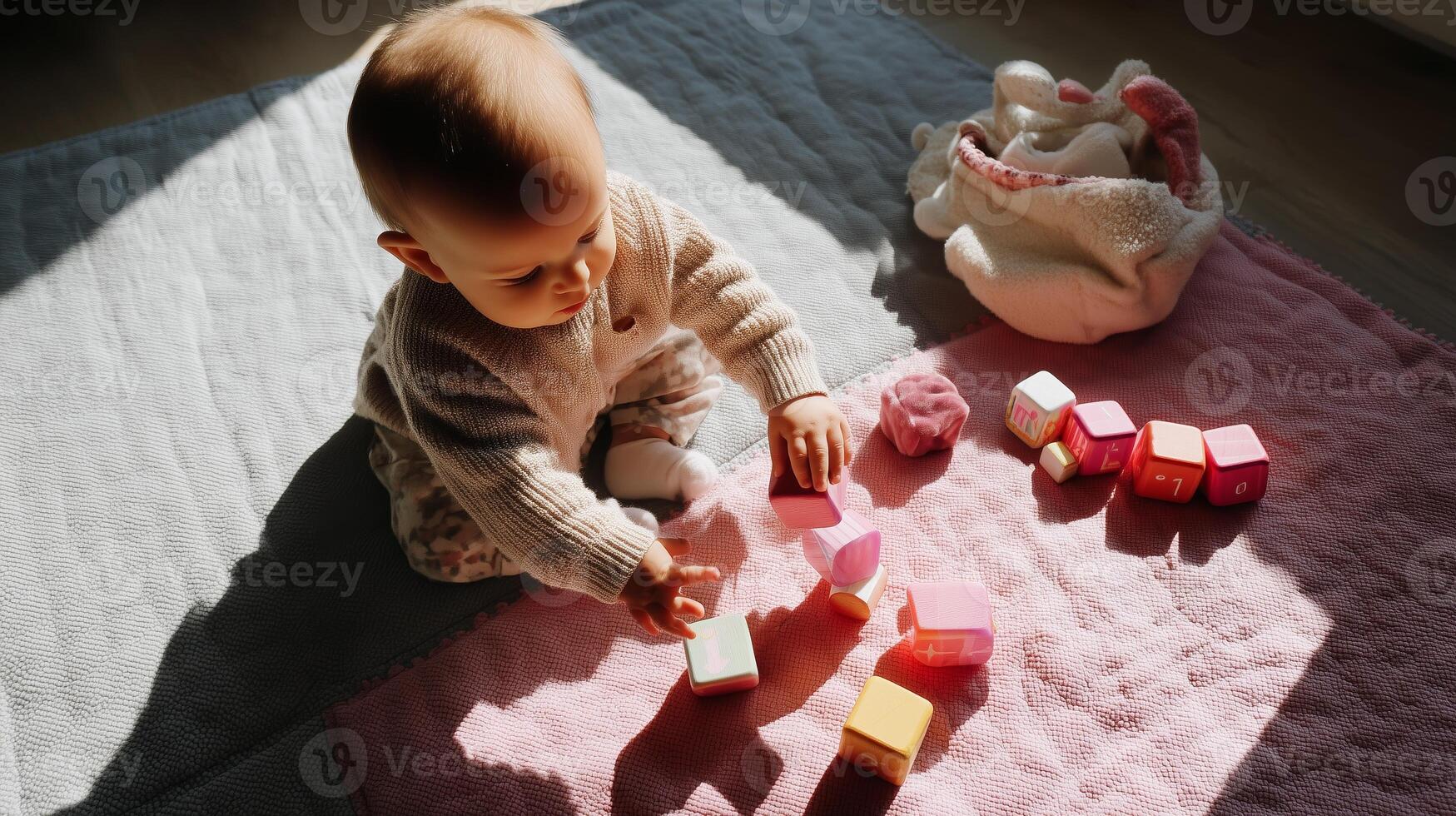 Baby playing with colorful building blocks on a soft rug during morning sunlight in a cozy indoor setting photo