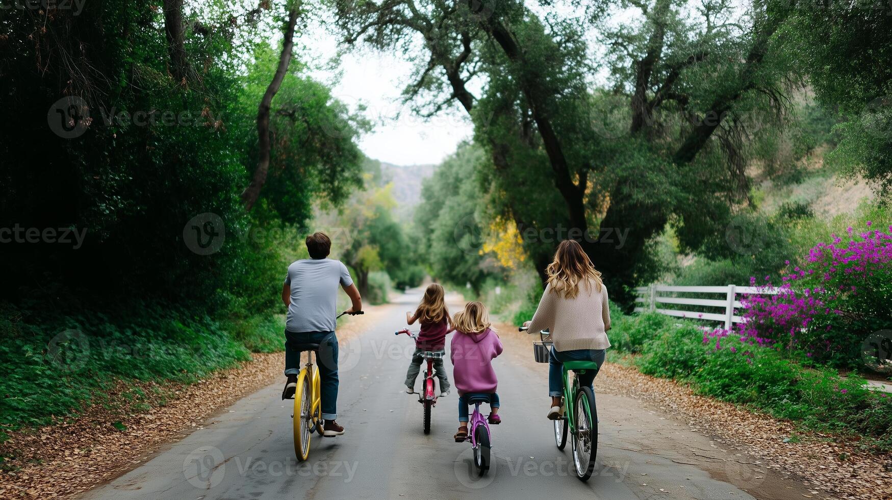 Family biking together on a scenic country road during a warm afternoon in autumn photo