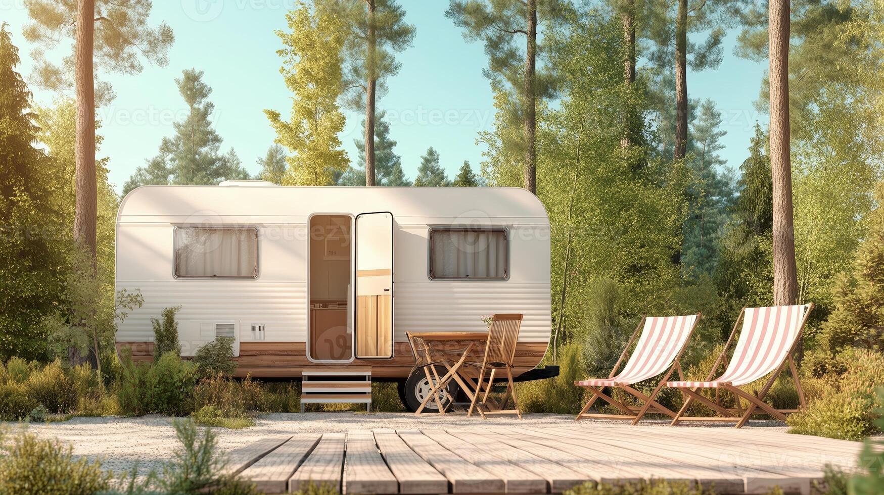 Cozy vintage caravan surrounded by trees in a peaceful campground setting photo