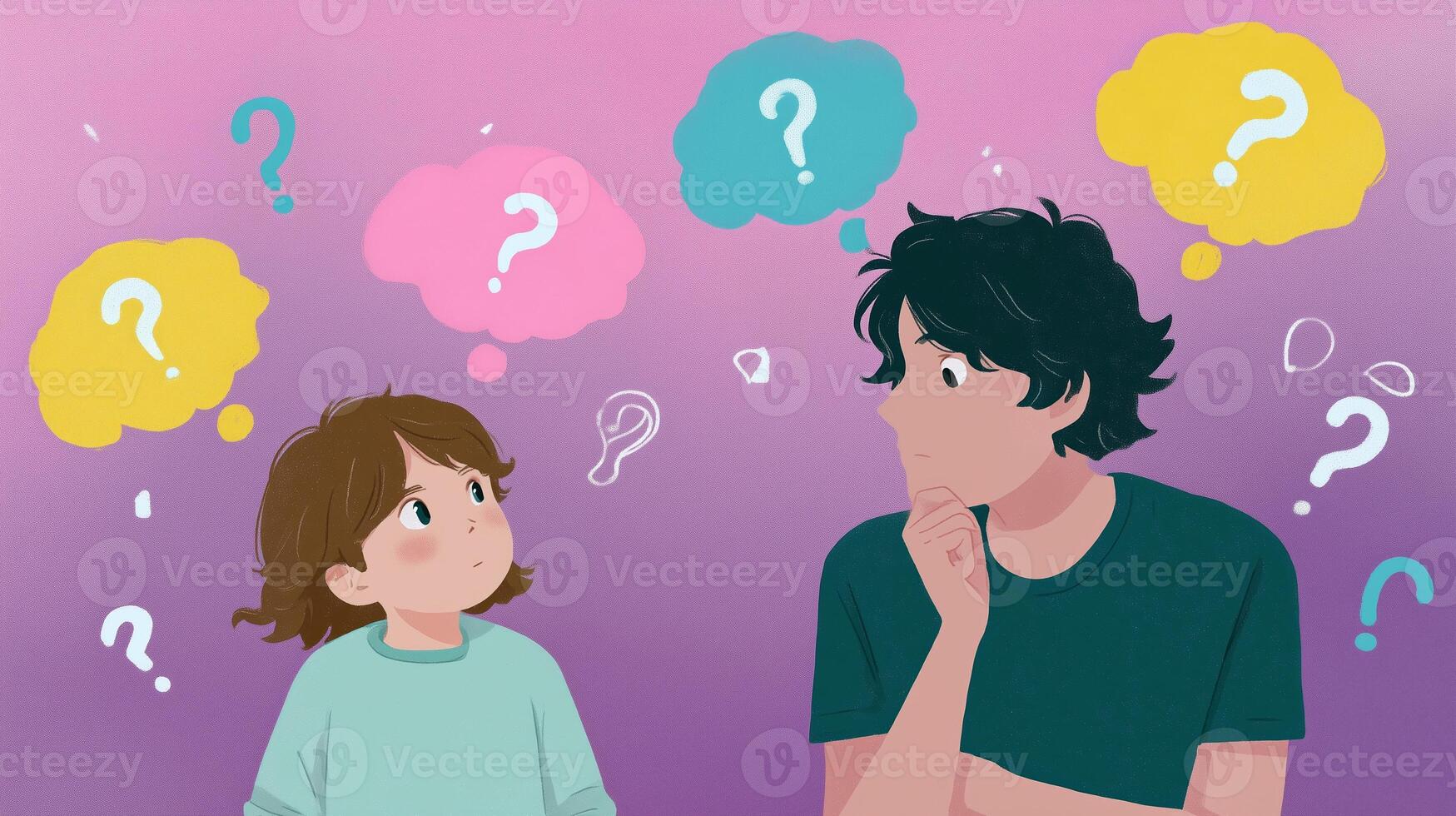 Engaging conversation between a child and an adult exploring curiosity and questions in a colorful setting photo