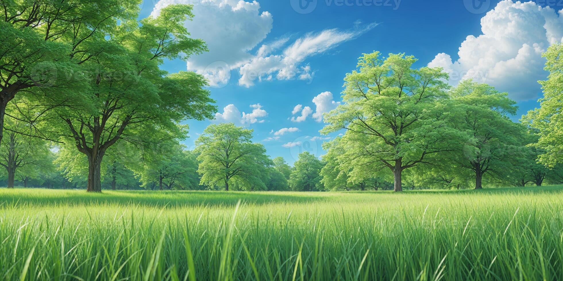 Vibrant green meadow under a clear blue sky with fluffy white clouds during a sunny afternoon in a peaceful natural setting photo