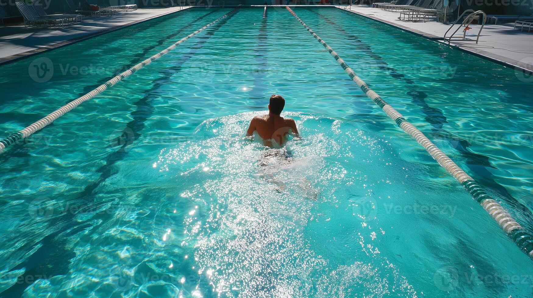 Swimmer practices laps at outdoor pool under bright sunlight during morning session photo