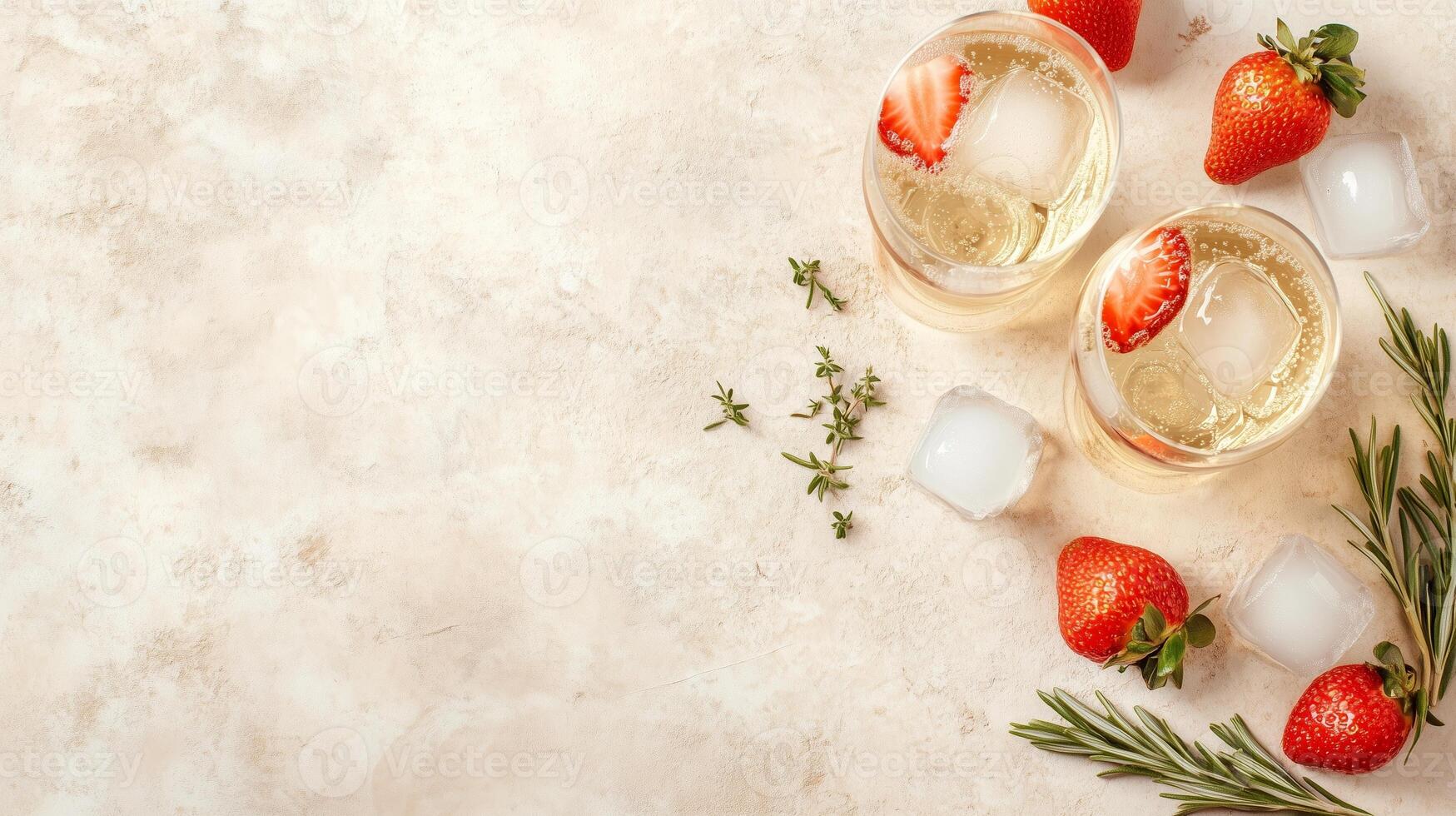 Refreshing summer cocktail with strawberries and herbs served on a light surface photo