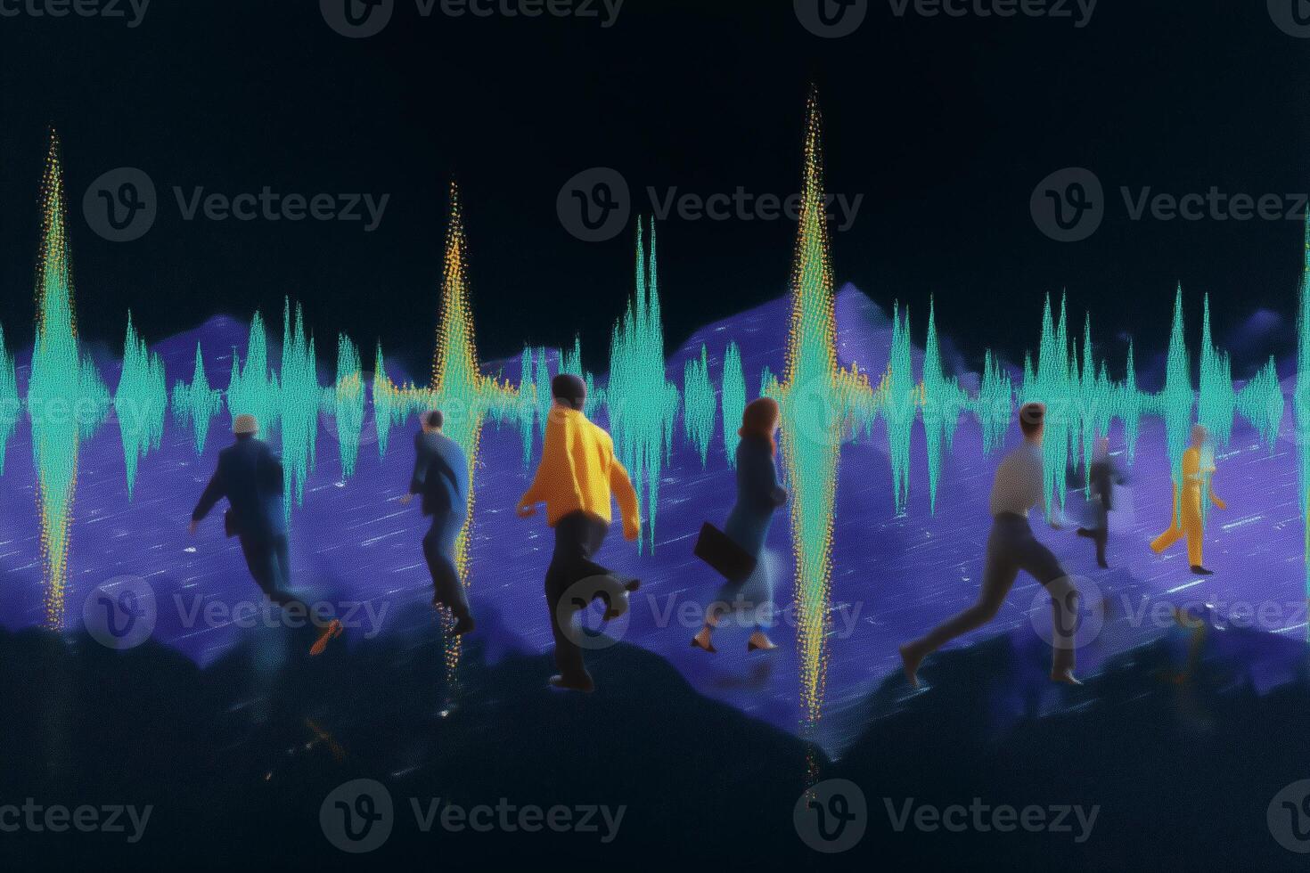 Figures moving dynamically across an abstract soundwave landscape in a vibrant digital representation at evening photo