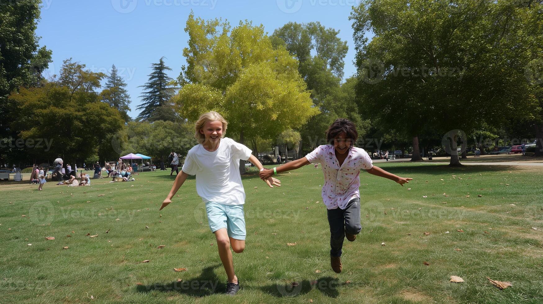 Children enjoy a joyful afternoon running together in a sunny park during summer photo