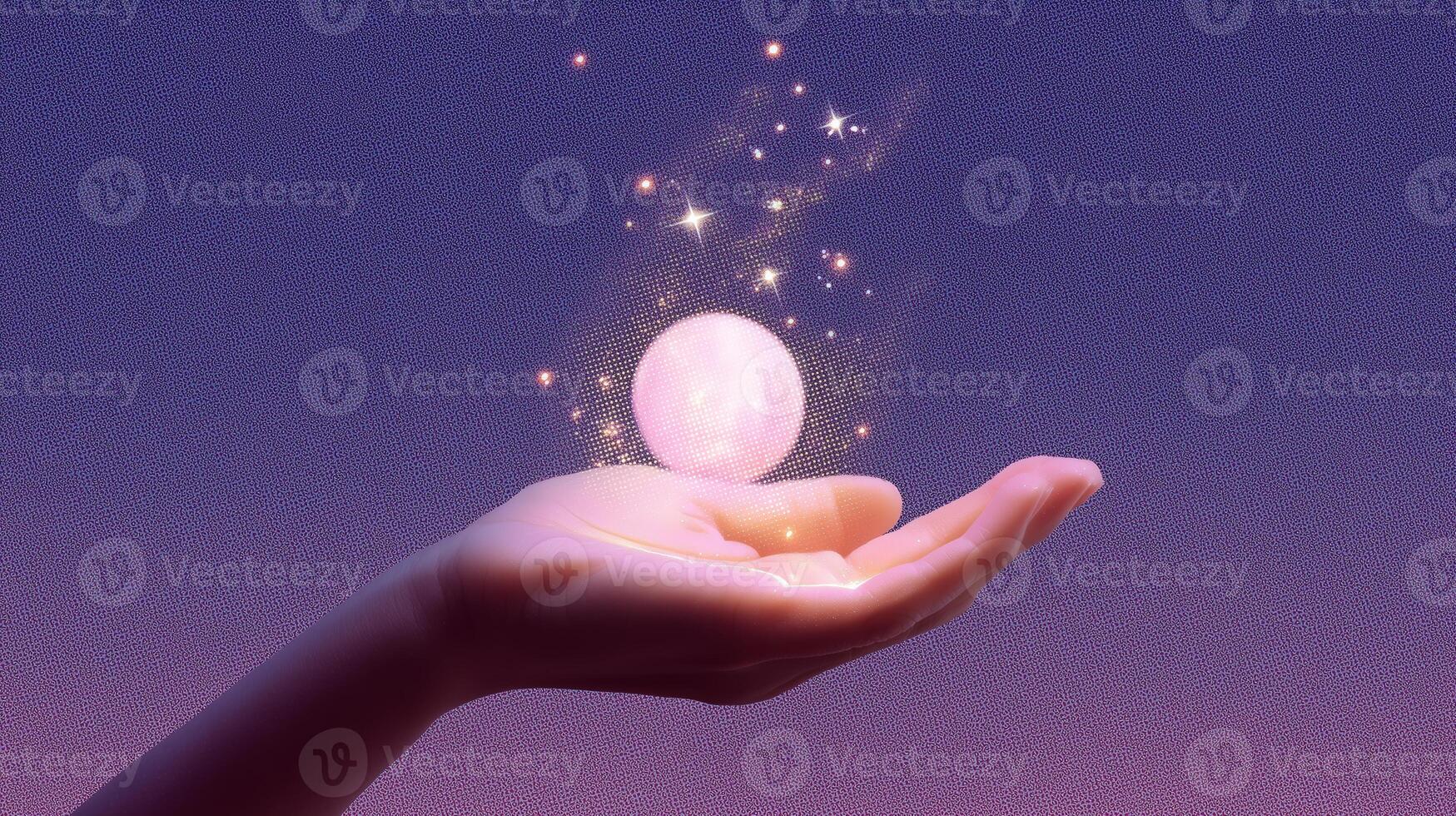 Magical orb floating above an outstretched hand at dusk with sparkling effects in the background photo