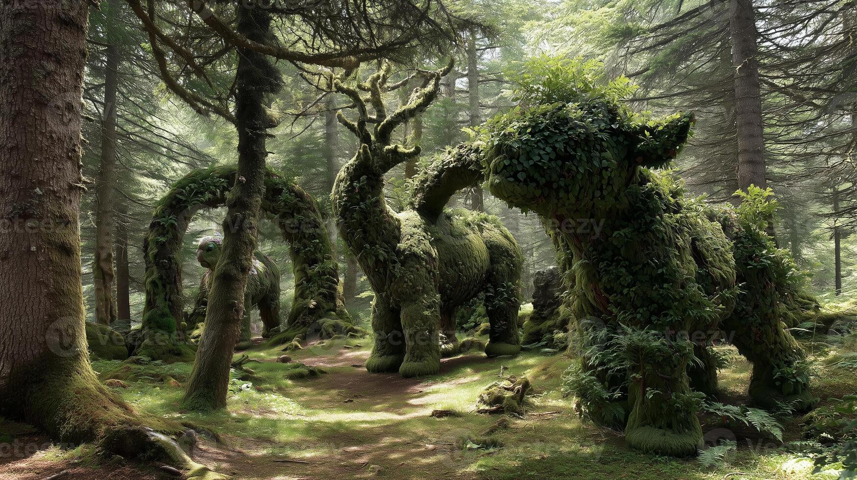 Sculptures of animals crafted from lush vegetation in a serene forest setting on a bright day photo