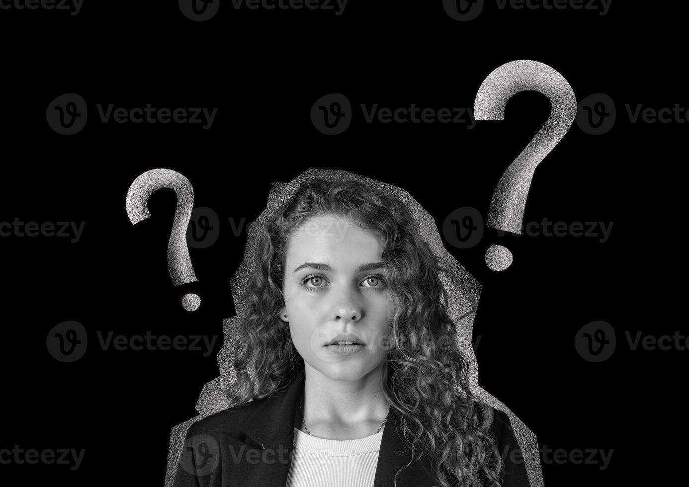 Young woman with curly hair expressing confusion, surrounded by question marks in a creative design photo