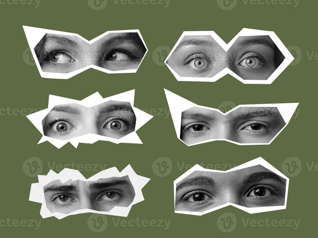 Diverse expressions captured through various eye shapes in a creative art piece on a green background photo