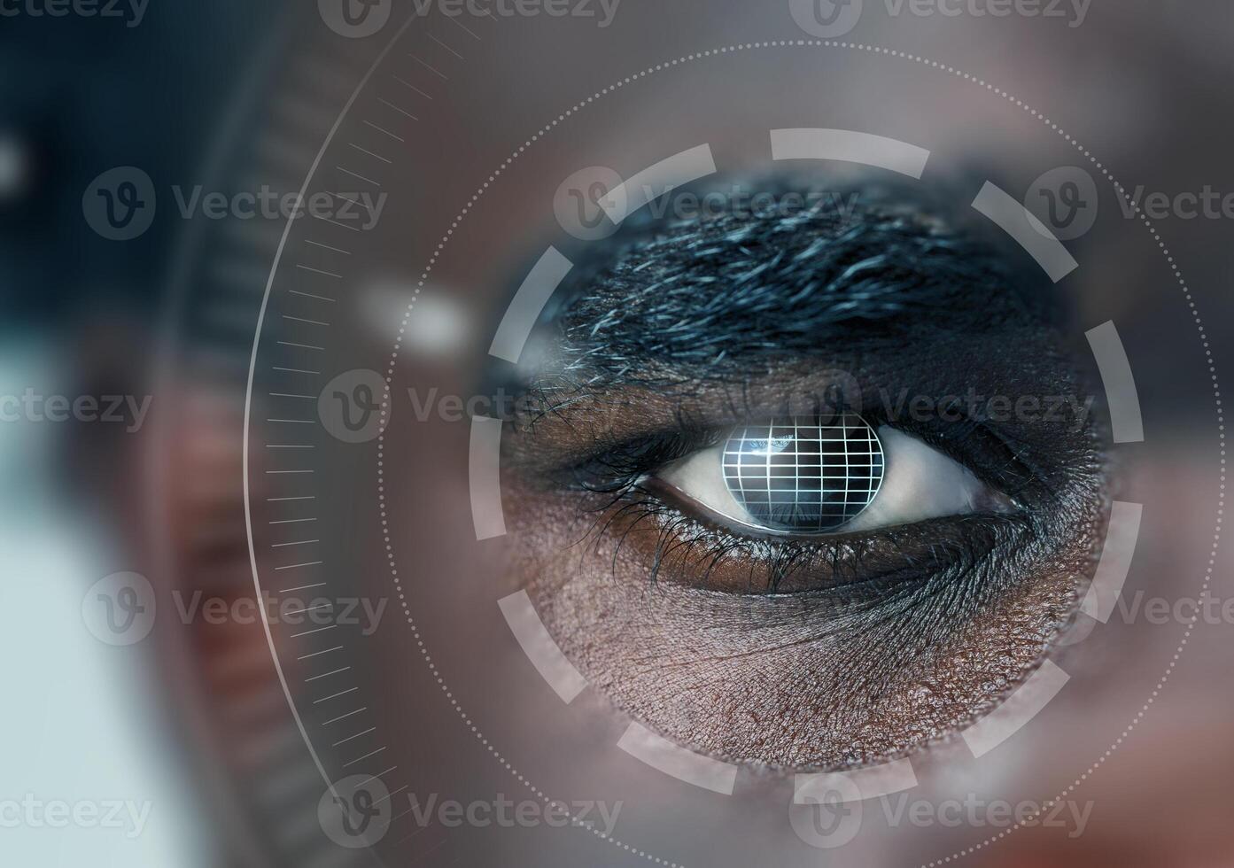 Close-up of a human eye with digital overlay showcasing biometric technology in action photo