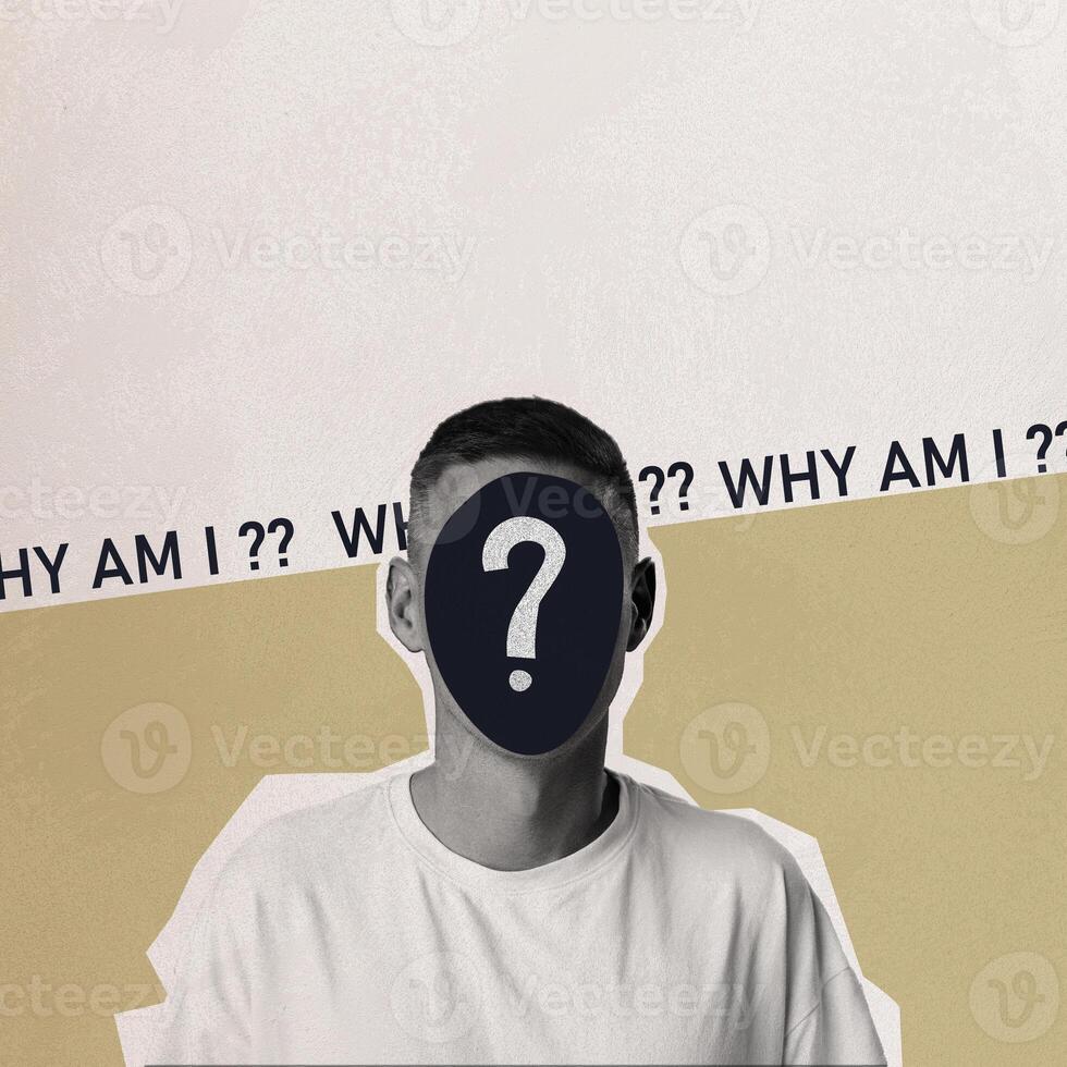 Person with a faceless design pondering existential questions in a creative art piece photo