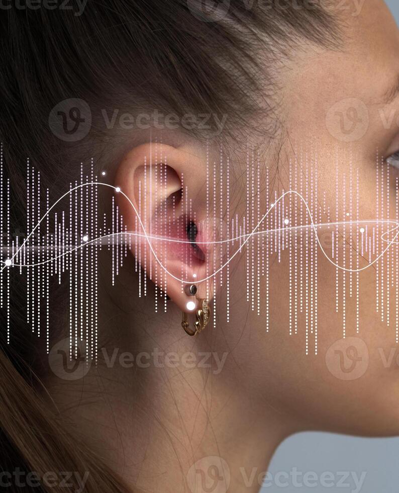 Woman's ear with sound waves overlay creating a vivid representation of auditory experience photo
