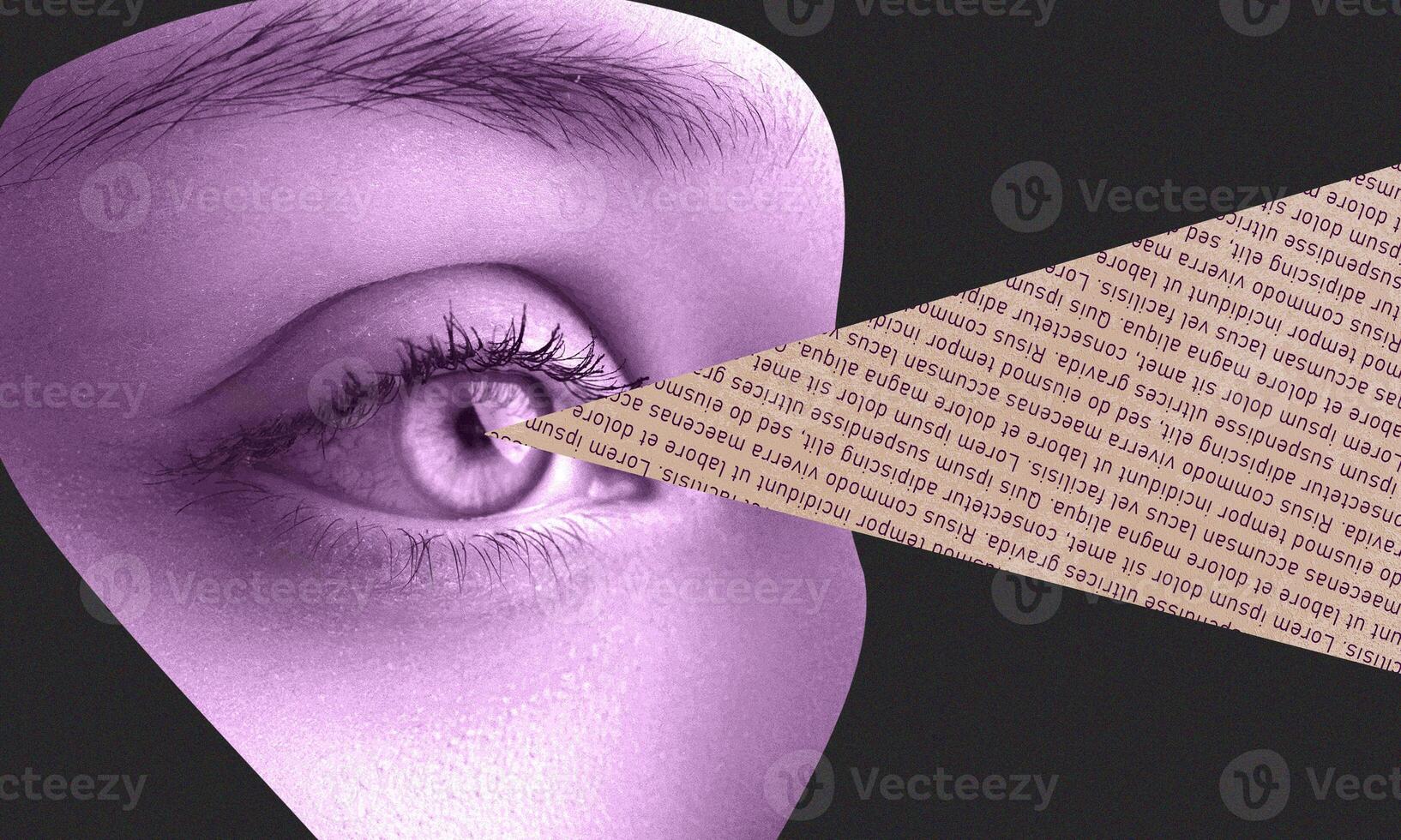 Eye with text projection showcasing focus on perception and information processing in a contemporary art style photo