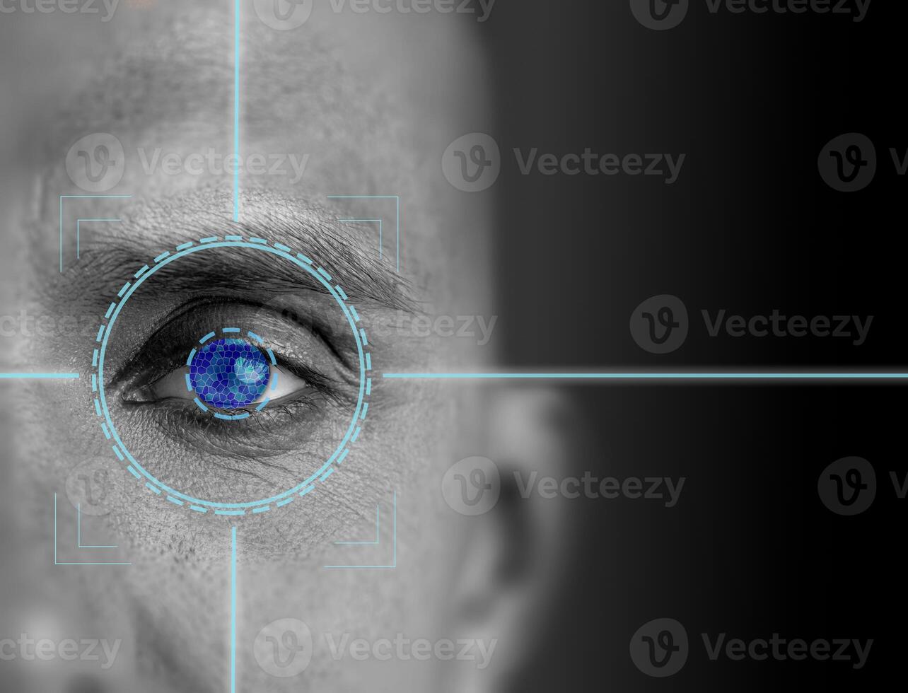 Close up view of human eye with digital targeting crosshair overlay showcasing biometric technology photo