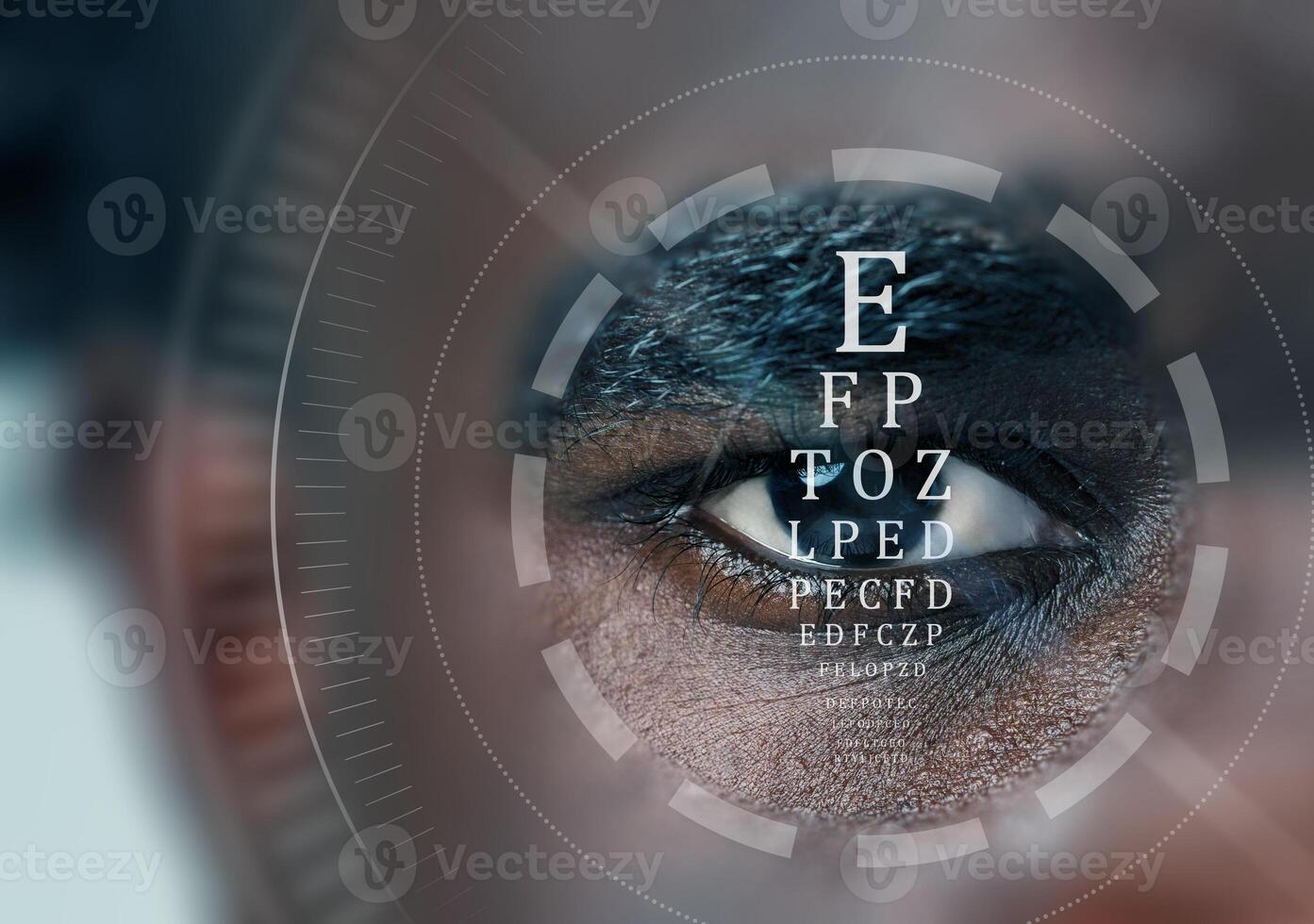 Close-up of an eye with visual acuity assessment displayed, taken at an eye clinic during daylight hours in a modern setting photo