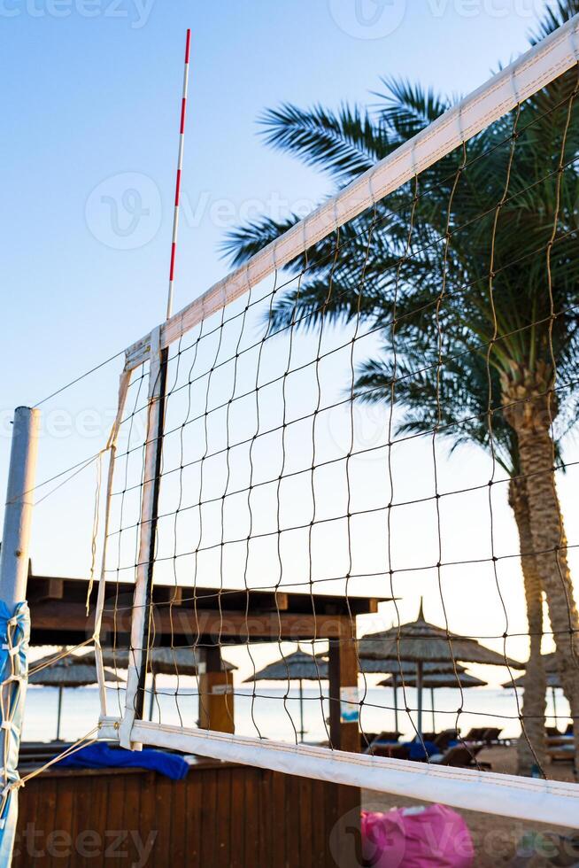 Beach volleyball net set up in a tropical location during sunset with palm trees in the background photo