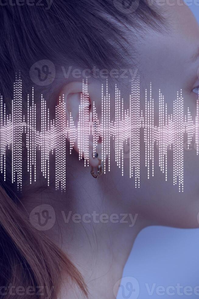 Sound wave visualization overlaid on the side profile of a woman with a ponytail in a serene setting photo