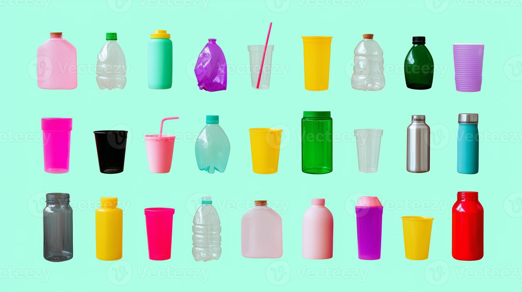 Variety of colorful plastic containers arranged on a bright background showcasing different shapes and sizes photo