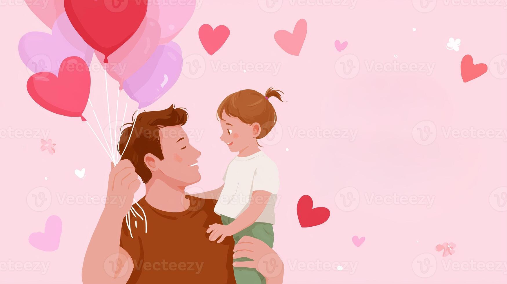 Father and daughter share a joyful moment with heart-shaped balloons on a pink background celebrating love photo