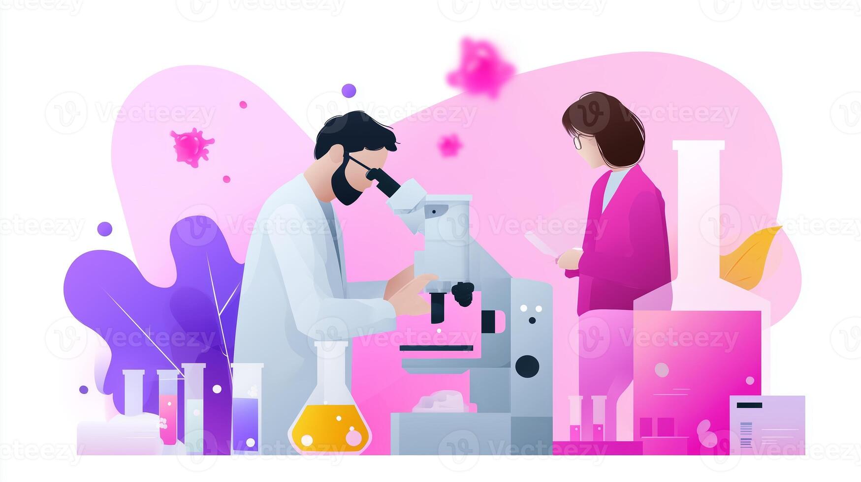 Scientists conduct research in laboratory setting with microscope and various glassware during daytime photo
