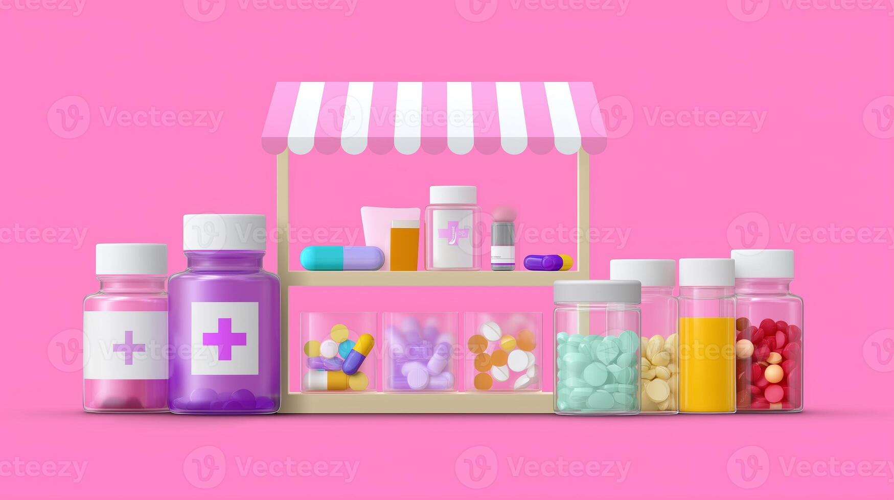 Medication stand showcasing various colorful bottles and tablets during a bright, cheerful setting photo