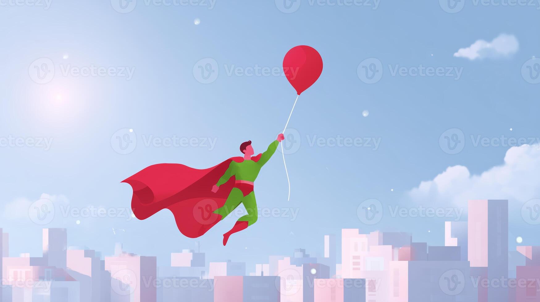 Superhero flying over a cityscape while holding a red balloon in a clear blue sky photo