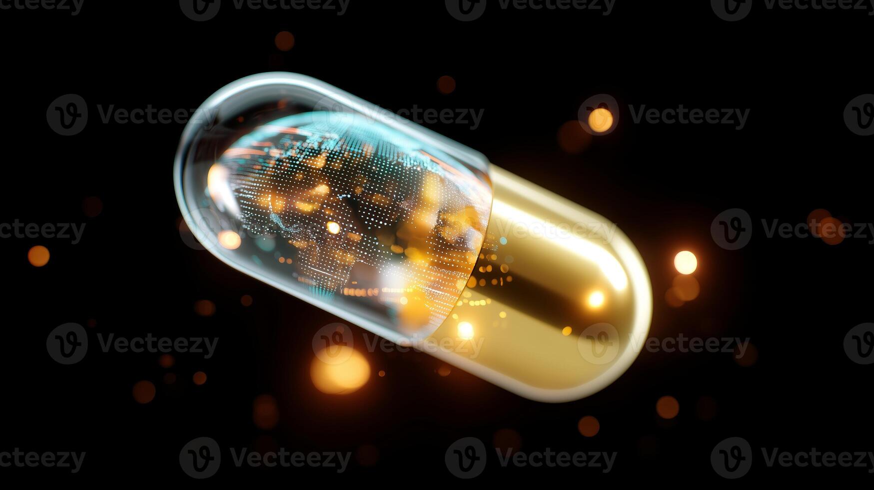 Floating capsule with glowing map representation symbolizing global health and technology convergence photo