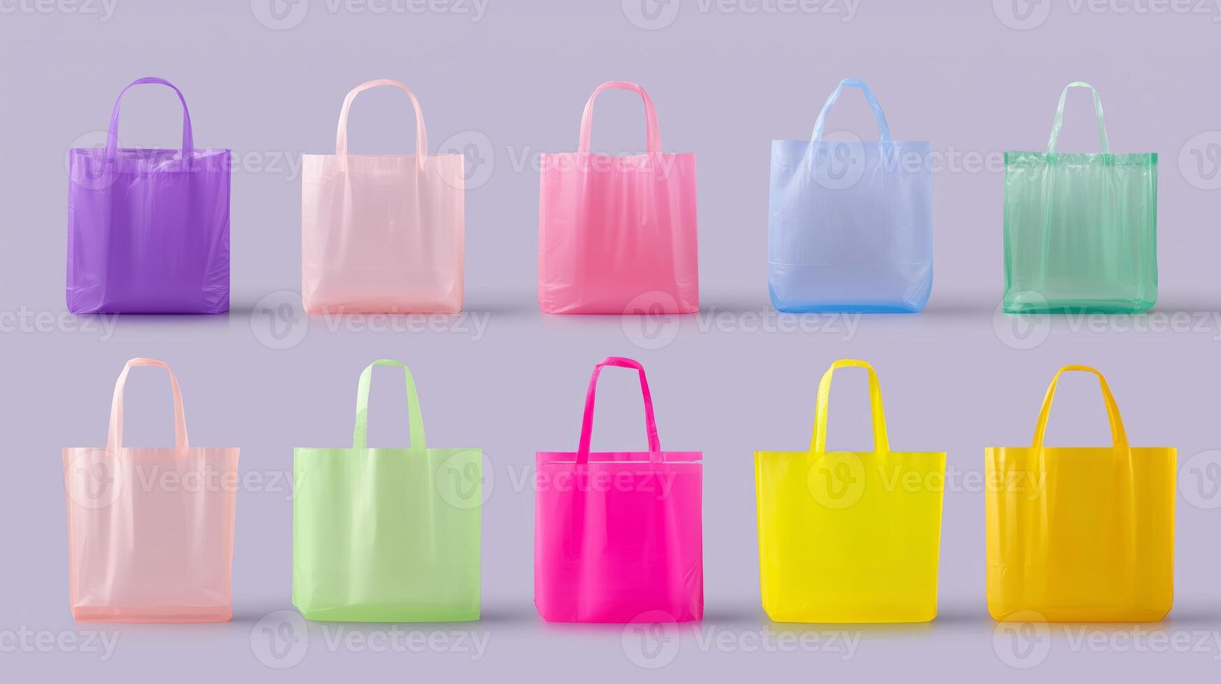 Collection of colorful reusable tote bags arranged in a neat grid on a soft backdrop photo