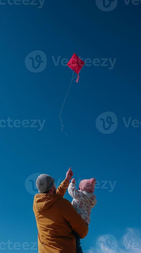 Family enjoyment with a red kite against a clear blue sky on a sunny day photo