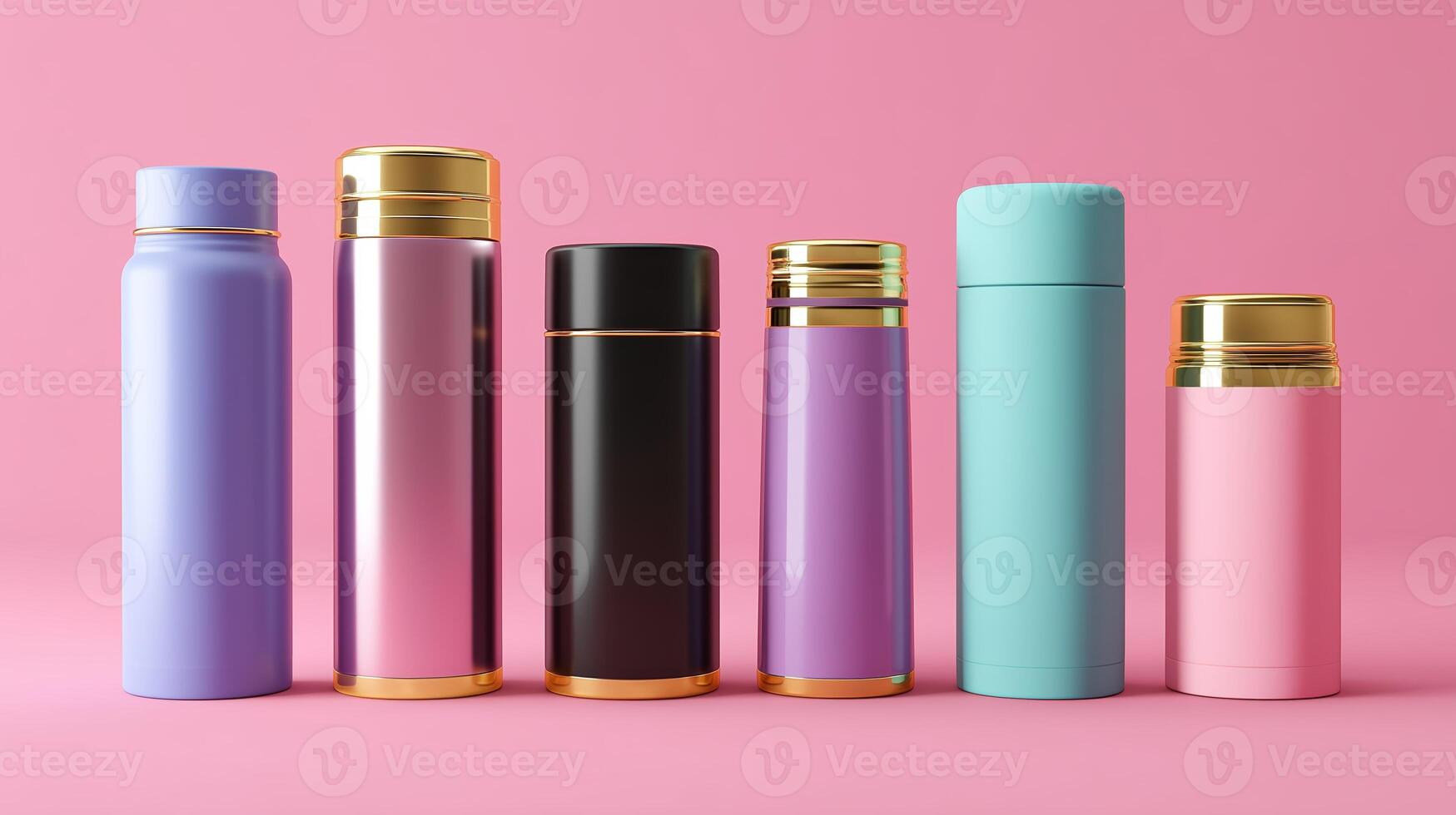 Colorful collection of thermos bottles arranged against a pink background showcasing stylish designs and modern aesthetics photo
