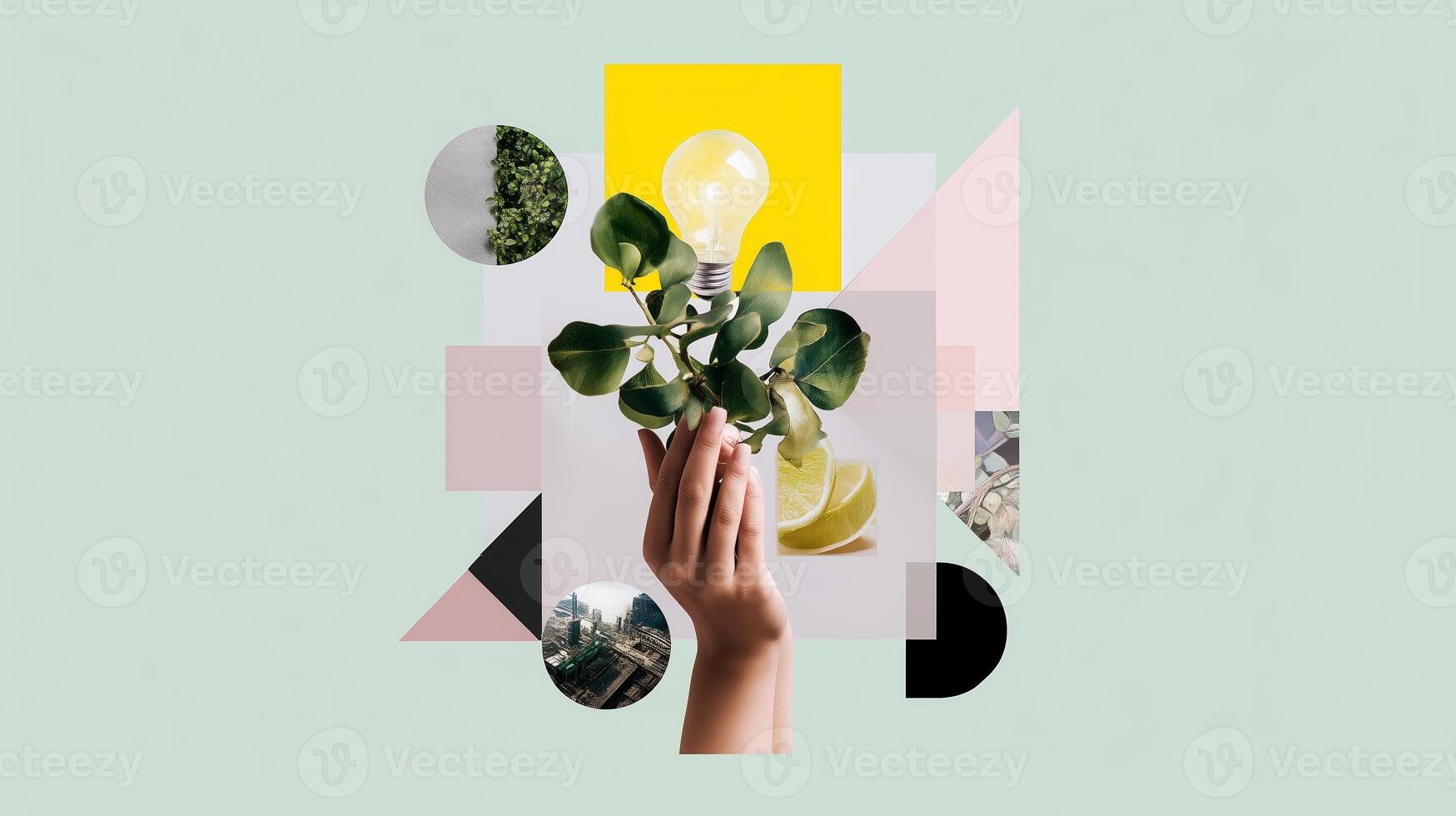 Creative composition of hand holding a plant with light bulb amidst colorful geometric shapes in a modern design setting photo