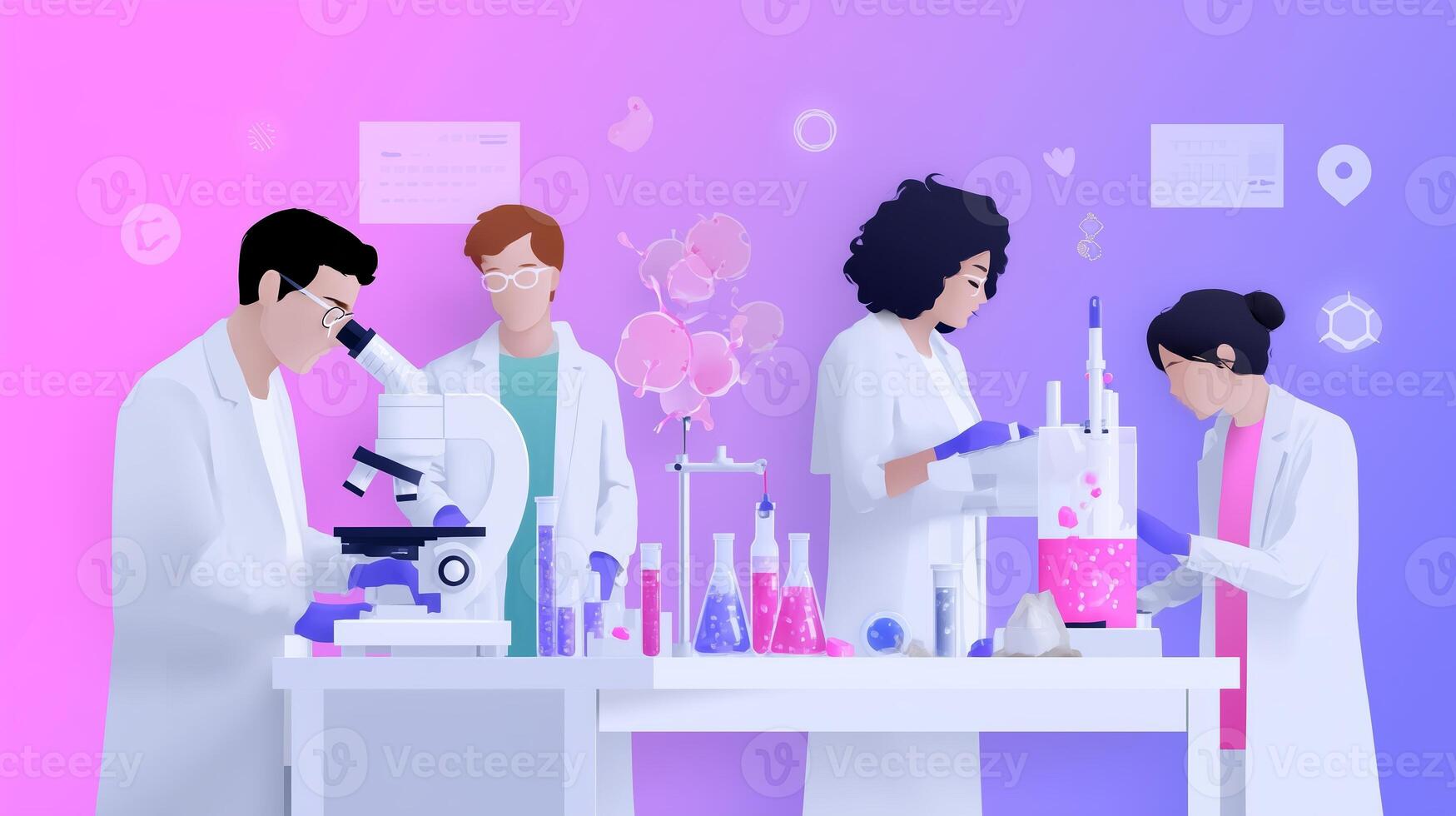 Scientists conduct experiments in a modern laboratory with advanced equipment surrounded by colorful materials photo