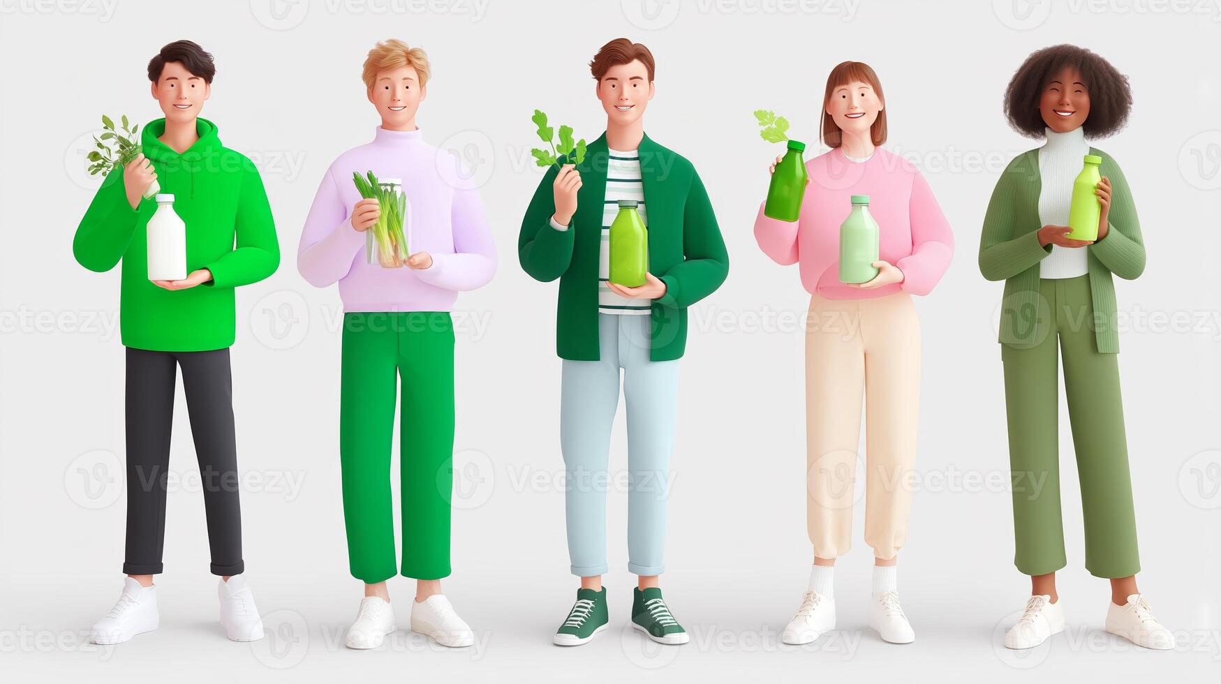 Diverse group of young people showcasing healthy drinks and fresh ingredients in a lively studio setting photo