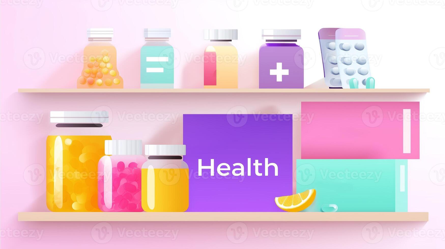 Colorful health products displayed on a shelf with various bottles and a vibrant background photo
