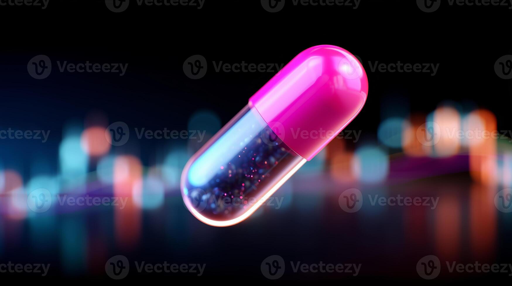 Vibrant pink capsule floating against a colorful blurred background of lights and shapes in a modern digital setting photo