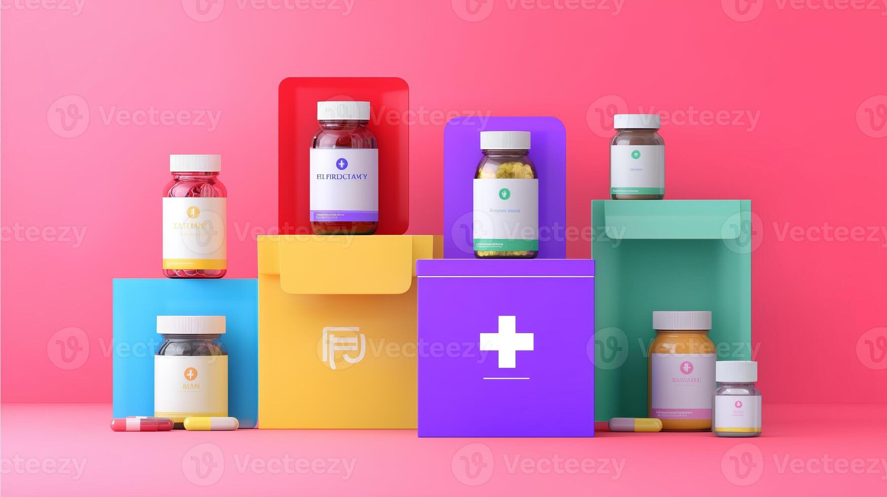 Bottles of dietary supplements arranged on colorful boxes against a vibrant pink background photo