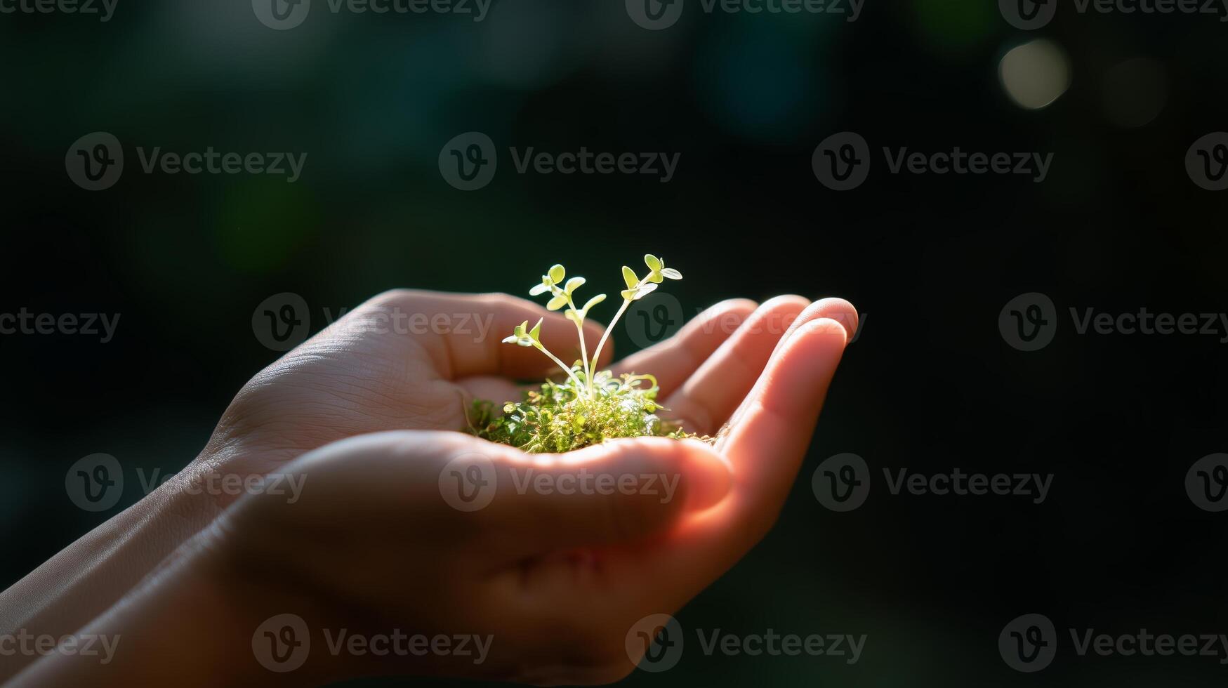 Hands nurturing a small green plant in a sunlit environment, illustrating the beauty of growth and care for nature photo