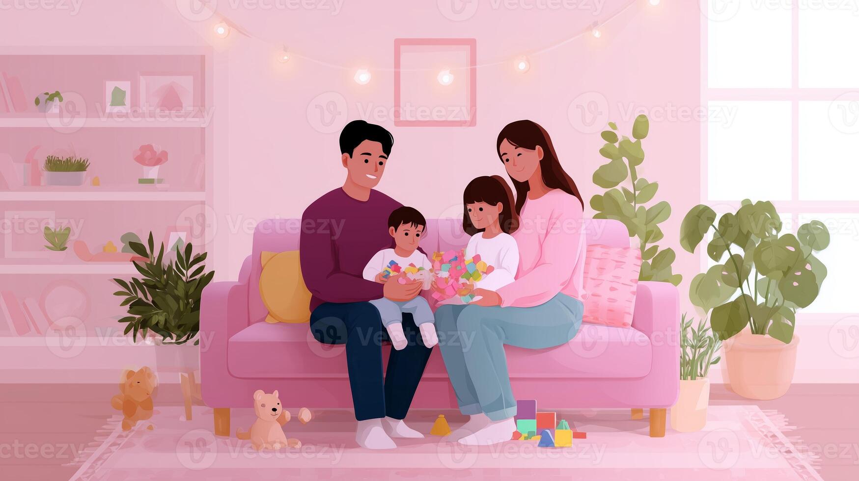 Family enjoys quality time together at home while playing and creating memories in a cozy living room filled with pastel colors photo