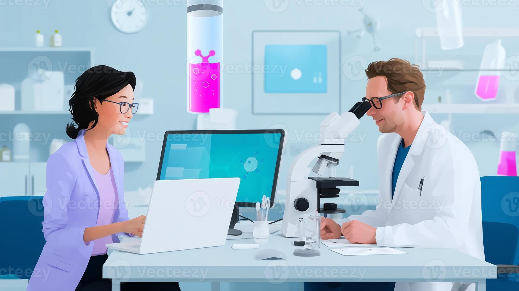 Scientists collaborate on research project in modern laboratory setting photo