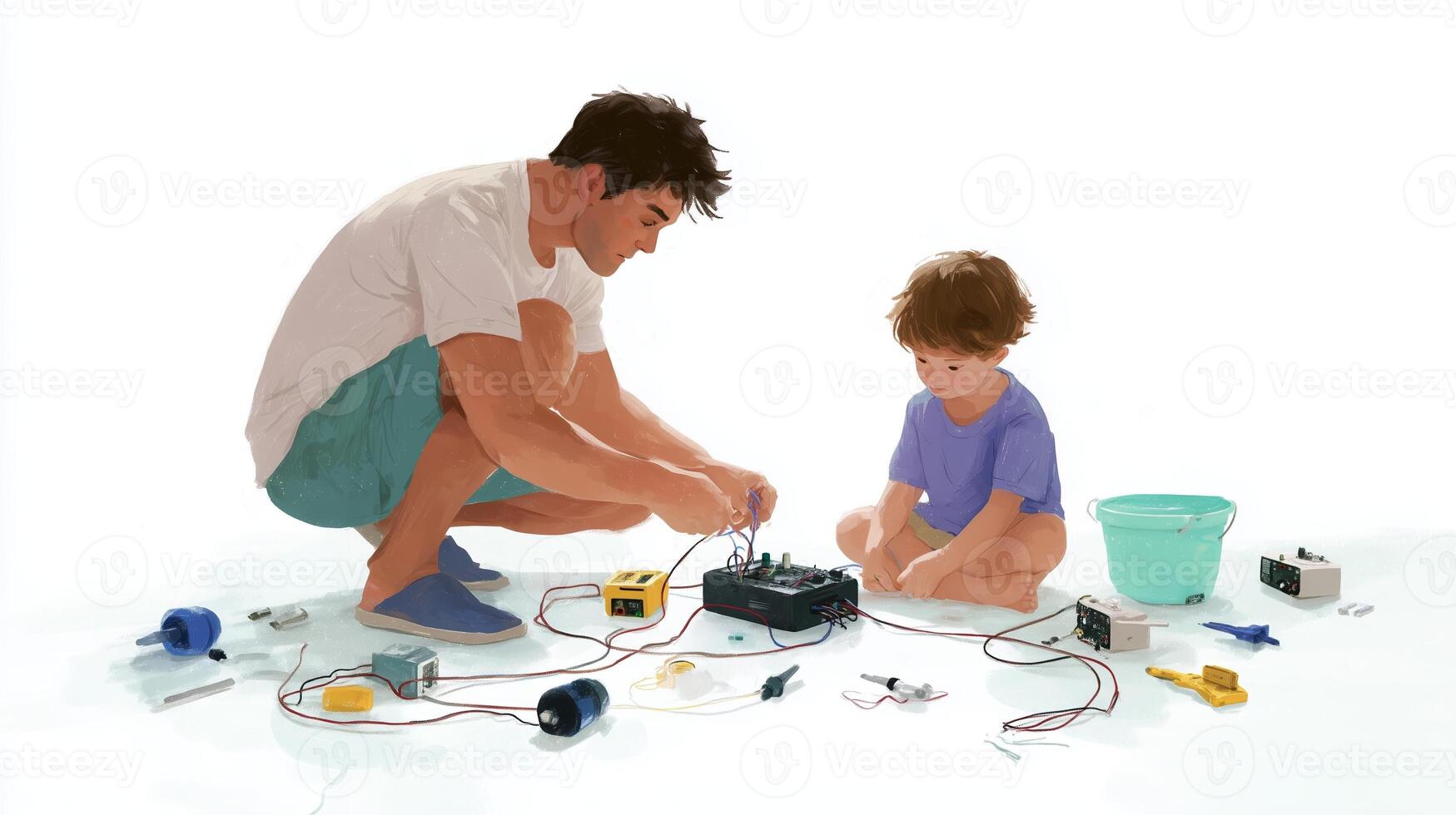 Father and child engage in hands-on learning with electronics and components at home on a weekend afternoon photo