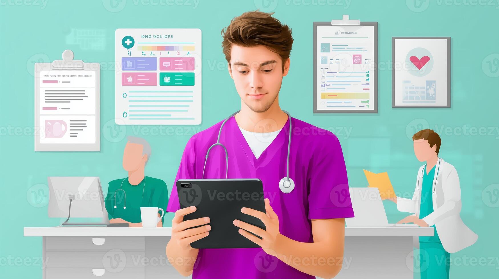 Young healthcare worker using a tablet in a modern medical office with colleagues in the background photo