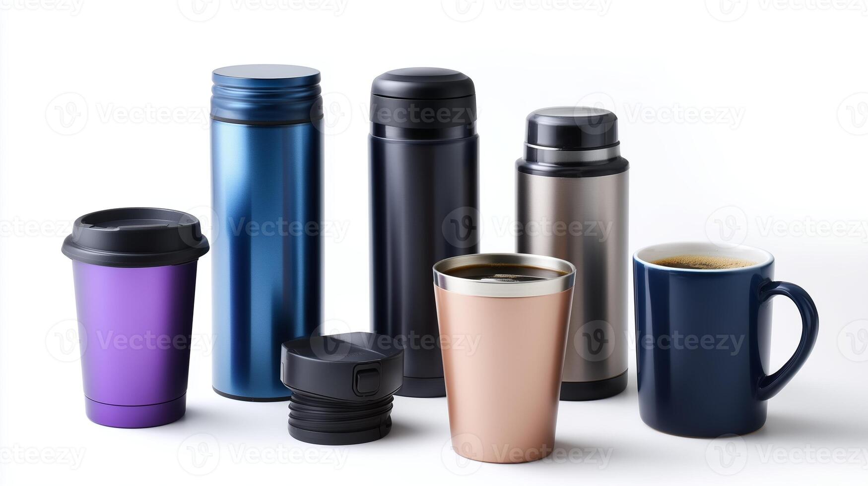 Collection of various insulated drink containers on a plain background displaying modern designs photo