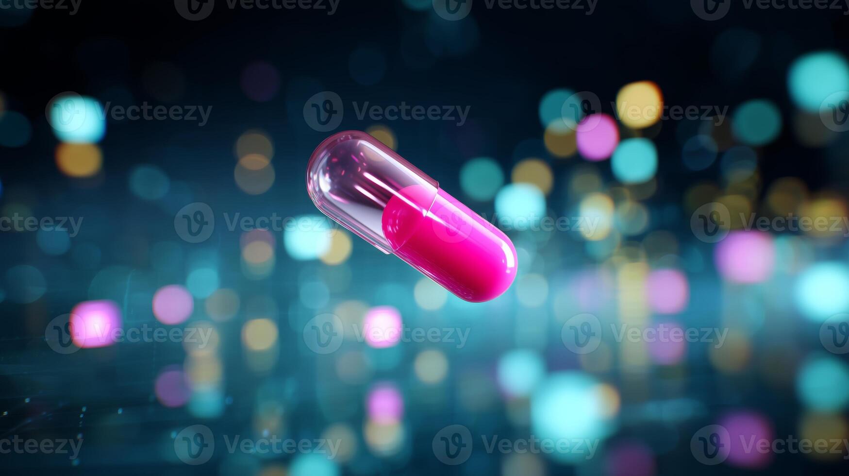 Floating pink capsule in a vibrant digital space with luminous bokeh effects during night time photo