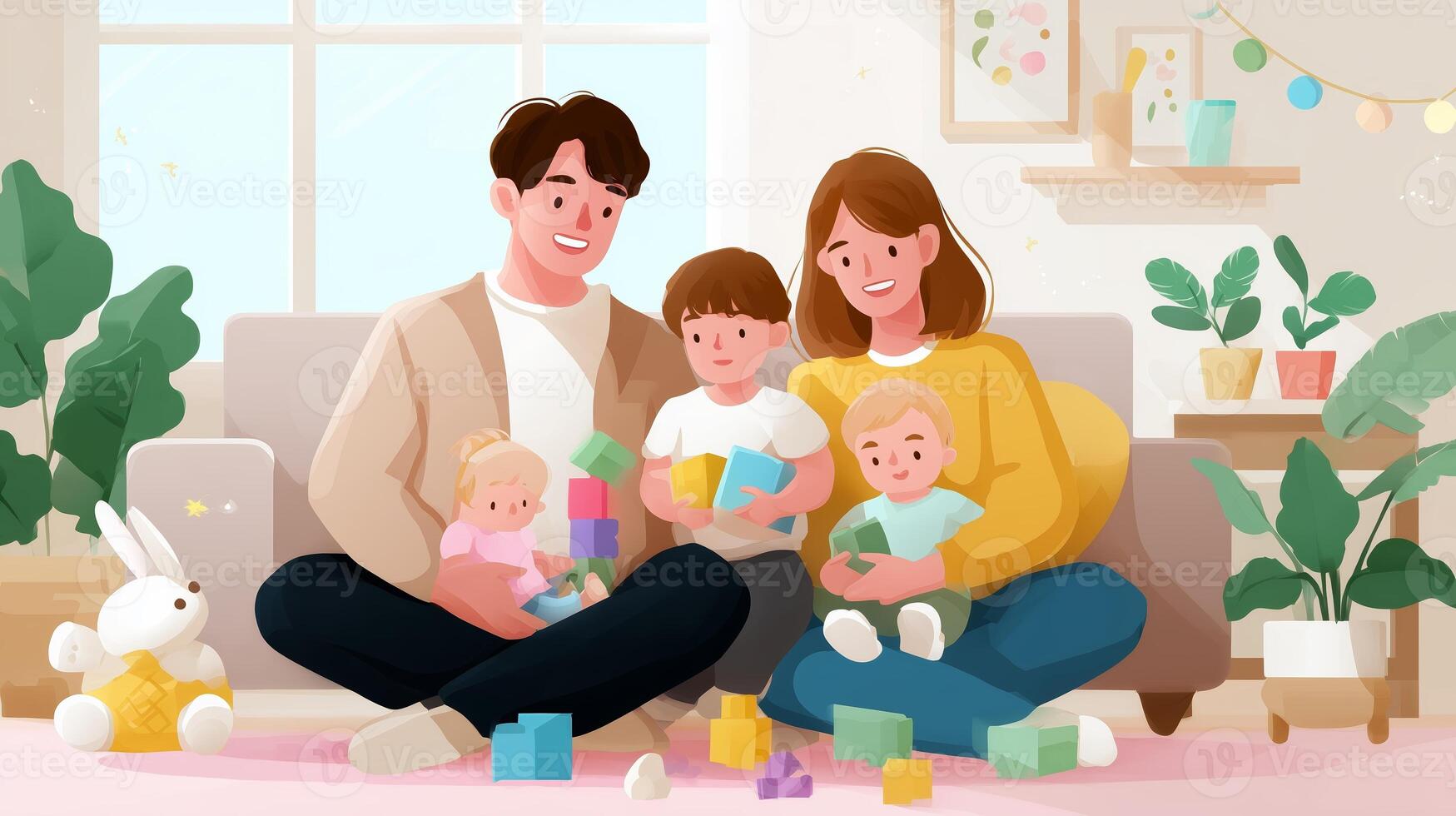Family enjoys time together playing with colorful blocks in a cozy living room during afternoon photo