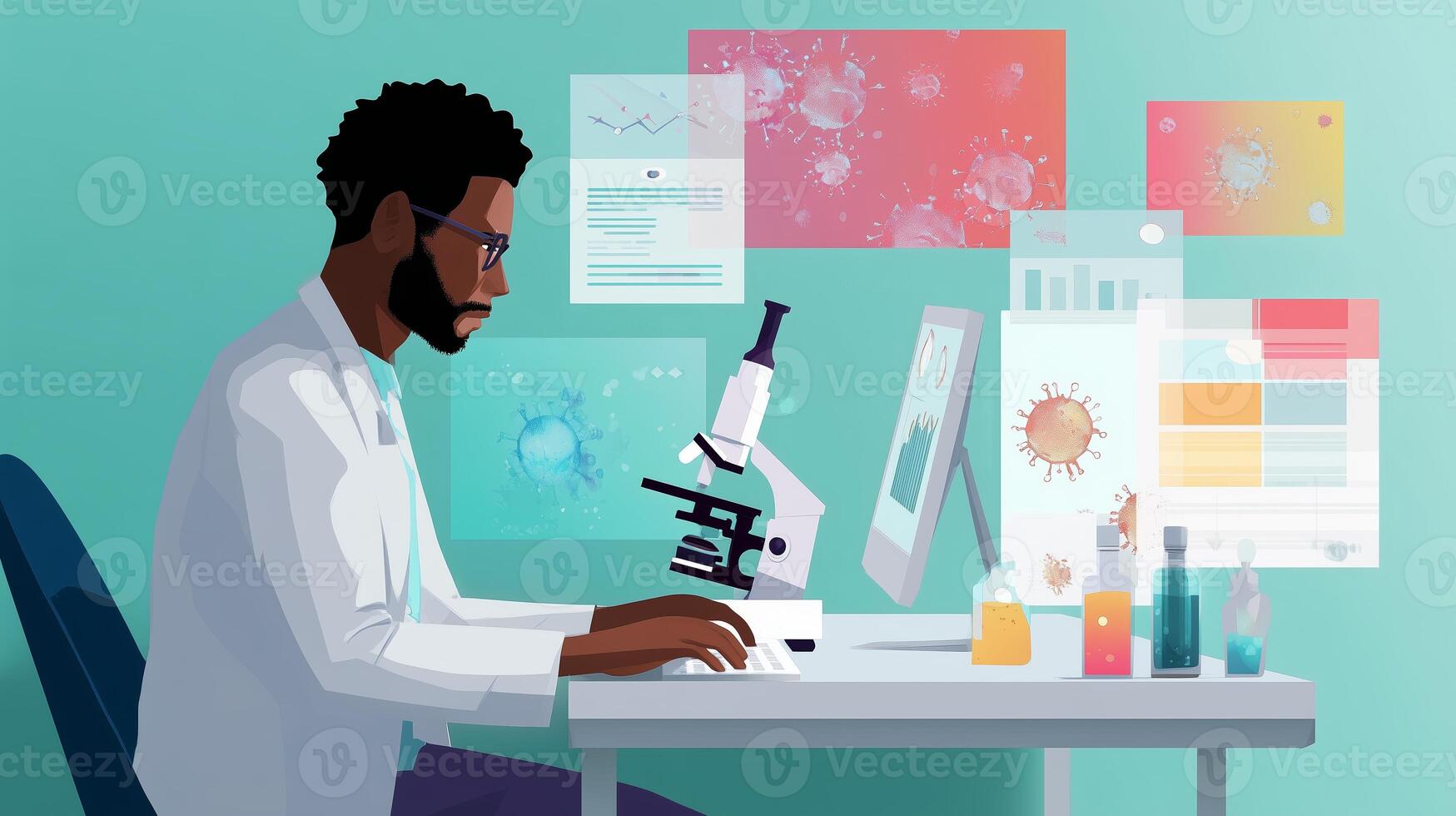 Scientist working on research with a microscope and data analysis in a laboratory environment on a bright day photo
