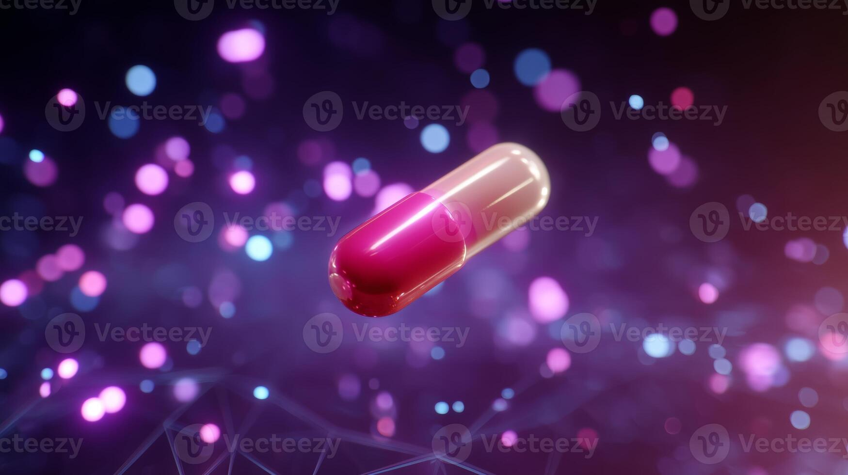 Colorful capsule floating in a digital space with sparkling lights at night photo
