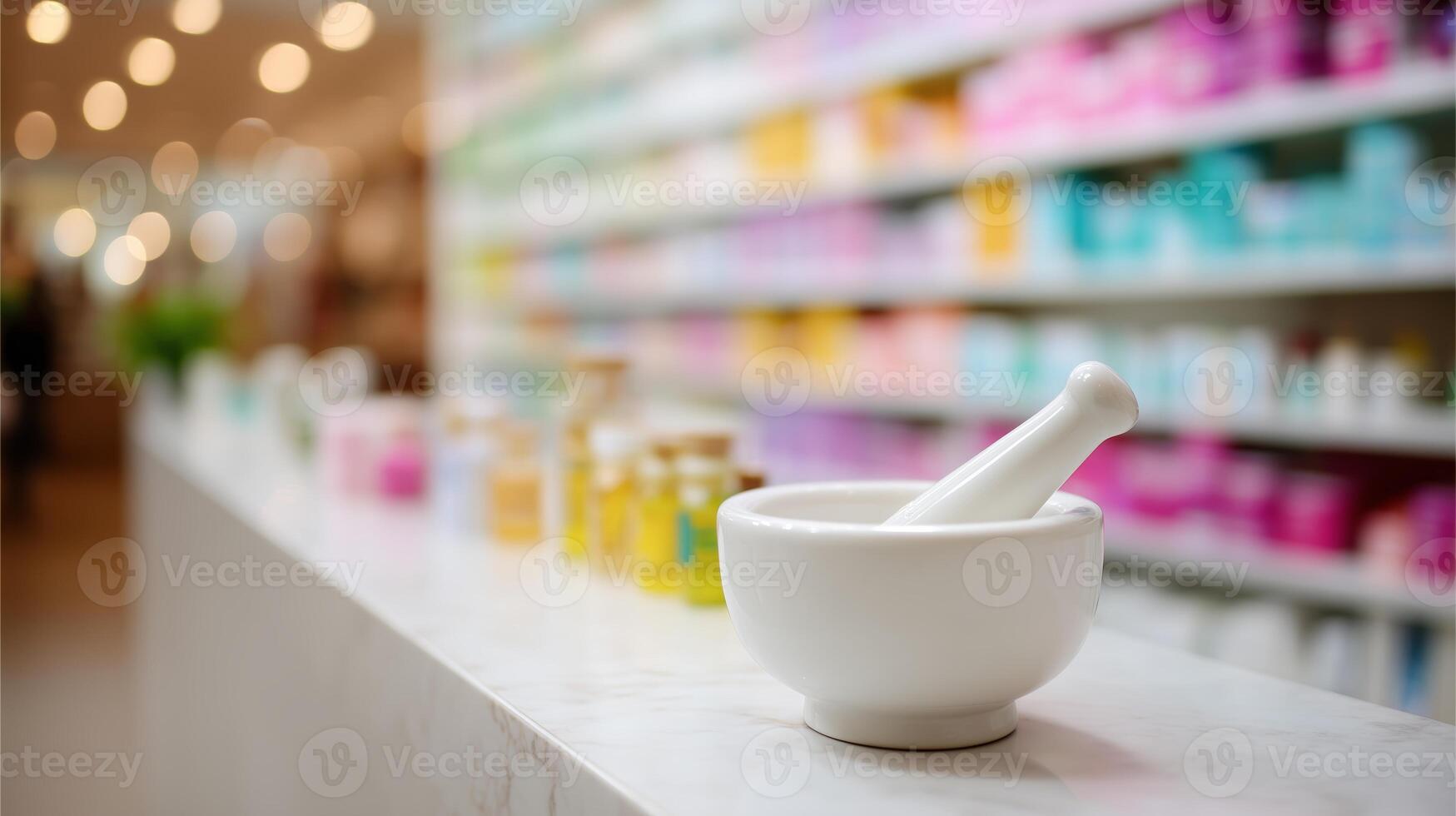 Mortar and pestle on display in a modern pharmacy with colorful shelves filled with herbal products during daylight photo