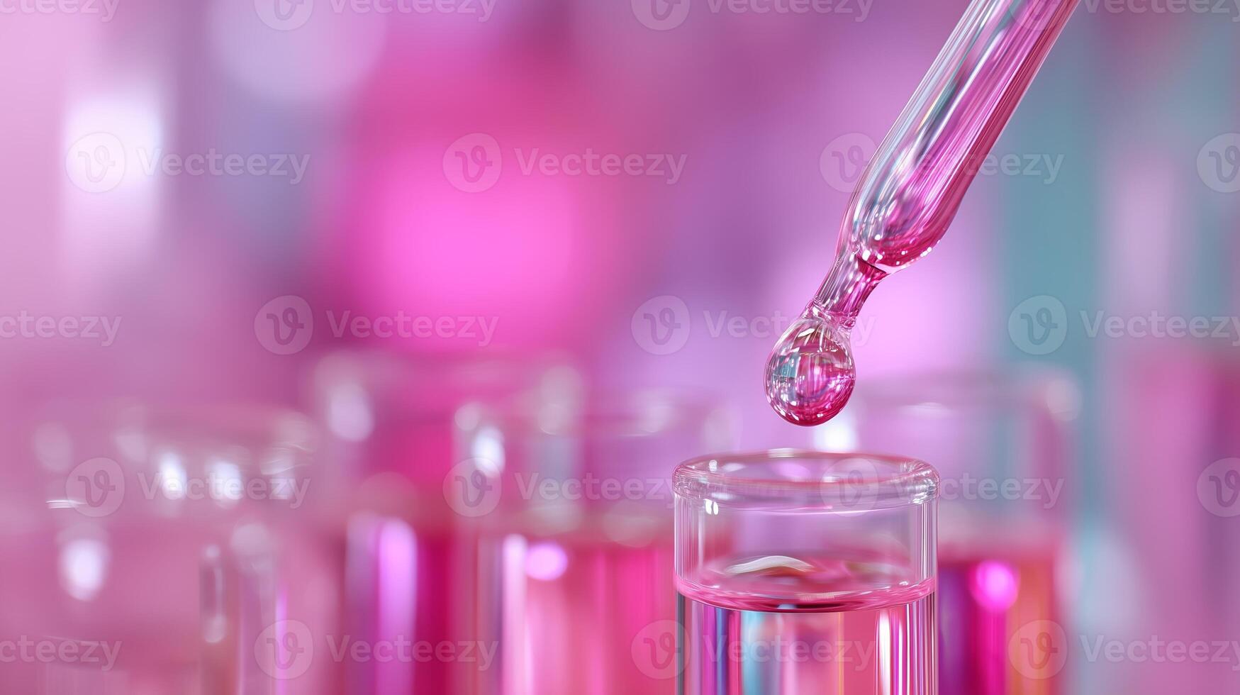 Pink liquid being dripped from a pipette into a test tube in a laboratory setting during daylight photo